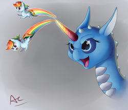 Size: 1600x1371 | Tagged: safe, artist:ac-whiteraven, rainbow dash, dragon, g4, bust, chibi, contrail, crossover, cute, dashabetes, gradient background, open mouth, portrait, skylanders, smiling, spread wings, wat, whirlwind