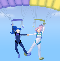 Size: 1280x1306 | Tagged: safe, artist:carnifex, princess celestia, princess luna, human, g4, air ponyville, clothes, commission, flying, formation, holding hands, humanized, jumpsuit, parachute, shoes, side by side, skydiving, smiling, sneakers, stunt