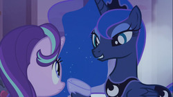 Size: 1454x816 | Tagged: safe, screencap, princess luna, starlight glimmer, pony, g4, to where and back again, lidded eyes, lip bite, out of context