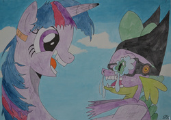 Size: 2935x2072 | Tagged: safe, artist:easterforest92, spike, twilight sparkle, pony, g4, bandaid, crying, duo, high res, one piece, parody, traditional art