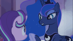 Size: 500x281 | Tagged: safe, edit, edited screencap, screencap, princess luna, starlight glimmer, alicorn, pony, unicorn, g4, to where and back again, animated, boop, eye contact, female, frown, gif, grin, lidded eyes, lip bite, looking at each other, mare, smiling, underhoof