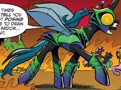 Size: 640x477 | Tagged: safe, artist:andypriceart, idw, official comic, queen chrysalis, changeling, fiendship is magic, g4, spoiler:comicfiendshipismagic5, armor, comic, fight, fire, holeless, you know for kids