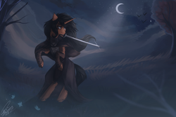 Size: 1600x1070 | Tagged: safe, artist:orfartina, oc, oc only, pony, unicorn, clothes, moon, mouth hold, night, solo, sword, weapon