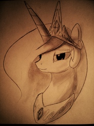 Size: 1100x1467 | Tagged: safe, artist:spacehunt, princess celestia, g4, bust, female, lidded eyes, monochrome, portrait, sketch, smiling, solo, traditional art