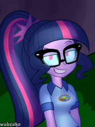 Size: 900x1200 | Tagged: dead source, safe, artist:wubcakeva, sci-twi, twilight sparkle, equestria girls, g4, my little pony equestria girls: legend of everfree, camp everfree outfits, clothes, evil smile, female, glowing eyes, grin, midnight sparkle, ponytail, possessed, scary story, smiling, smirk, smug, solo