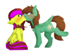 Size: 1024x769 | Tagged: safe, artist:oddends, oc, oc only, oc:lucky radiance, oc:viridian, pegasus, pony, blushing, female, kissing, lesbian, simple background, transparent background
