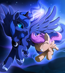 Size: 1061x1200 | Tagged: safe, artist:hioshiru, princess luna, scootaloo, alicorn, pegasus, pony, g4, chromatic aberration, colored pupils, crying, cute, cutealoo, dream walker luna, duo, eyes closed, female, filly, fluffy, flying, foal, lunabetes, magic, mare, scootaloo can fly, scootalove, smiling, tears of joy