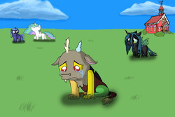 Size: 5400x3600 | Tagged: safe, artist:jamiecakes349, discord, princess celestia, princess luna, queen chrysalis, alicorn, changeling, changeling queen, draconequus, nymph, pony, g4, cewestia, crying, cute, cutealis, discute, female, filly, lunabetes, sad, woona, younger