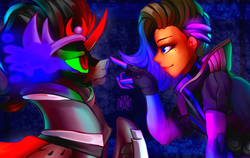 Size: 3960x2507 | Tagged: safe, artist:monochromacat, king sombra, human, g4, armor, boop, clothes, crossover, cute, eye contact, frown, high res, looking at each other, namesake, nose piercing, nose ring, overwatch, piercing, raised hoof, smiling, sombra (overwatch), unamused