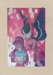 Size: 1236x1747 | Tagged: safe, artist:pa-kalsha, sci-twi, twilight sparkle, equestria girls, g4, my little pony equestria girls: legend of everfree, duality, midnight sparkle, traditional art