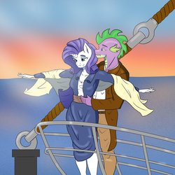 Size: 1024x1024 | Tagged: safe, artist:nwinter3, rarity, spike, dragon, pony, unicorn, anthro, g4, crossover, dragon x pony, male, parody, scene parody, ship:sparity, shipping, straight, titanic