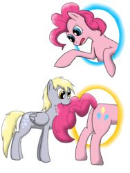 Size: 1024x1365 | Tagged: safe, artist:wolftendragon, derpy hooves, pinkie pie, pegasus, pony, g4, female, mare, nom, now you're thinking with portals, portal, simple background, tail bite, transparent background