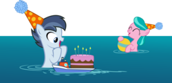 Size: 16144x7734 | Tagged: safe, artist:cyanlightning, aquamarine, shady daze, g4, the one where pinkie pie knows, .svg available, absurd resolution, cake, cute, food, hat, party hat, ship, simple background, transparent background, vector, water