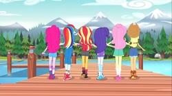Size: 1100x618 | Tagged: safe, screencap, applejack, fluttershy, pinkie pie, rainbow dash, rarity, sunset shimmer, equestria girls, legend of everfree, ass, butt, converse, female, humane five, rear view, shoes