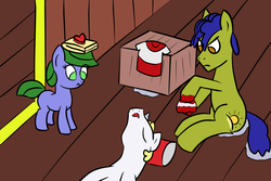 Size: 1200x800 | Tagged: safe, artist:saria the frost mage, oc, oc only, oc:clover patch, earth pony, pony, a foal's adventure, blank flank, blood, box of chocolates, child, clothes, cyoa, female, filly, foal, heart, heart shaped box, male, rag, shirt, stallion, story included, towel, wet