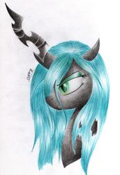 Size: 2040x2969 | Tagged: safe, artist:coffytacotuesday, queen chrysalis, changeling, changeling queen, g4, bust, female, high res, portrait, profile, solo, traditional art