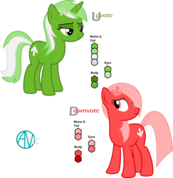 Size: 2500x2577 | Tagged: safe, artist:arifproject, oc, oc only, oc:downvote, oc:upvote, pony, derpibooru, g4, derpibooru ponified, duo, frown, hair over one eye, high res, lidded eyes, looking back, meta, ponified, reference sheet, simple background, smiling, transparent background, vector