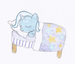Size: 876x750 | Tagged: safe, artist:pikurosonai00, trixie, pony, unicorn, g4, bed, blanket, cute, diatrixes, eyes closed, female, filly, filly trixie, lying down, lying on bed, on bed, pillow, simple background, sleeping, smiling, solo, traditional art, younger
