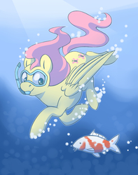 Size: 2129x2700 | Tagged: safe, artist:djkaskan, derpibooru exclusive, fluttershy, fish, pony, g4, dive mask, female, high res, no pupils, smiling, snorkel, snorkeling, solo, swimming, underwater, water, watershy