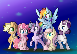 Size: 1885x1328 | Tagged: safe, artist:alazak, applejack, fluttershy, pinkie pie, rainbow dash, rarity, twilight sparkle, alicorn, pony, g4, chest fluff, ear fluff, flying, group, group photo, leg fluff, looking at each other, looking back, mane six, one eye closed, prone, raised hoof, sitting, smiling, spread wings, twilight sparkle (alicorn), wink