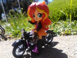 Size: 2592x1944 | Tagged: safe, sunset shimmer, equestria girls, g4, clothes, doll, equestria girls minis, eqventures of the minis, harley davidson, irl, jacket, leather jacket, motorcycle, photo, skirt, toy