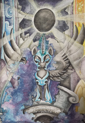 Size: 2105x3041 | Tagged: safe, artist:lunar-white-wolf, nightmare moon, g4, castle of the royal pony sisters, crepuscular rays, eclipse, female, high res, looking at you, scenery, solar eclipse, solo, spread wings, traditional art, watercolor painting