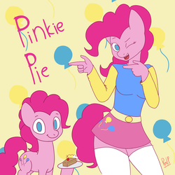 Size: 1024x1024 | Tagged: safe, artist:redprep, pinkie pie, earth pony, anthro, g4, anthro ponidox, cake, clothes, cute, duo, food, one eye closed, self ponidox, skirt, socks, thigh highs, thighs, wink, zettai ryouiki