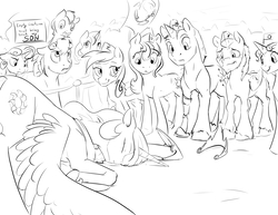 Size: 1925x1488 | Tagged: safe, artist:silfoe, princess celestia, oc, pony, g4, :<, amputee, bowing, eyes closed, facial hair, fluffy, frown, glare, goatee, grayscale, hat, humility, levitation, magic, monochrome, pointing, ponies riding ponies, pony hat, prosthetic limb, prosthetics, protest, riding, spread wings, surprised, telekinesis, underhoof, veterans, veterans day, wide eyes