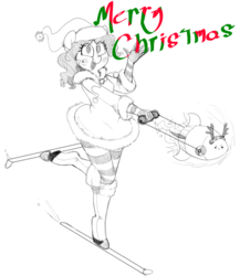 Size: 1205x1391 | Tagged: safe, artist:whydomenhavenipples, oc, oc only, oc:nikita, anthro, unguligrade anthro, blushing, christmas, hat, looking at you, monochrome, open mouth, partial color, raised leg, rocket, santa hat, simple background, skis, smiling, solo, waving, white background