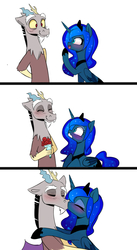 Size: 1427x2600 | Tagged: safe, artist:elementalokami, discord, princess luna, g4, blushing, comic, cute, discute, eye contact, eyes closed, hug, kissing, looking at each other, male, open mouth, ship:lunacord, shipping, simple background, smiling, straight, surprised, wavy mouth, white background