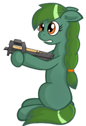 Size: 1314x1921 | Tagged: safe, artist:negasun, oc, oc only, oc:lonely day, earth pony, pony, fanfic:the last pony on earth, ponies after people, assault rifle, blank flank, female, floppy ears, gritted teeth, gun, hoof hold, hooves, mare, p90, rifle, simple background, sitting, solo, transparent background, weapon