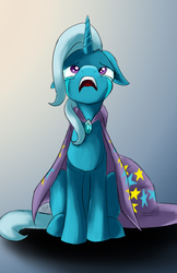 Size: 3300x5100 | Tagged: safe, artist:spiritofthwwolf, trixie, pony, unicorn, g4, crying, female, floppy ears, frown, gradient background, looking up, open mouth, sad, sitting, solo, the sad and depressive trixie, trixie's cape, trixie's hat