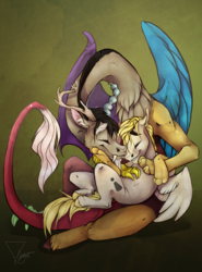 Size: 1024x1384 | Tagged: safe, artist:casynuf, discord, oc, oc:exist, draconequus, griffequus, pegasus, pony, g4, canon x oc, gay, male, shipping, snuggling