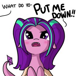 Size: 1280x1280 | Tagged: safe, artist:tjpones, part of a set, aria blaze, pony, siren, equestria girls, g4, ariabetes, blushing, cute, cute little fangs, dialogue, fangs, floppy ears, frown, glare, hand, holding a pony, looking at you, offscreen character, open mouth, part of a series, pov, put me down, sharp teeth, simple background, subverted meme, teeth, tiny ponies, tsundaria, tsundere, what do you want, white background