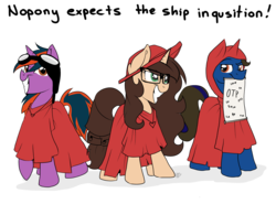 Size: 2300x1700 | Tagged: safe, artist:drawing-heart, oc, oc only, oc:drawing heart, pony, unicorn, cape, clothes, glare, goggles, grin, hat, heart, hood, jewelry, looking at you, monty python, mouth hold, necklace, raised eyebrow, raised hoof, shipper on deck, simple background, smiling, smirk, spanish inquisition, transparent background