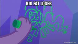 Size: 800x449 | Tagged: safe, edit, edited screencap, screencap, fluttershy, spike, changeling, g4, to where and back again, big fat meanie, disguise, disguised changeling, fake spike, graffiti, image macro, makeameme.org, meme, new student starfish, spongebob squarepants