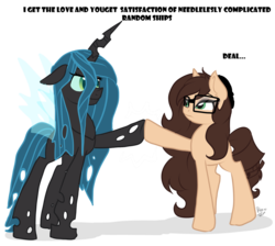 Size: 1900x1700 | Tagged: safe, artist:drawing-heart, queen chrysalis, oc, oc:drawing heart, g4, hoofbump, shipper on deck, simple background, transparent background
