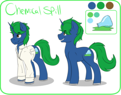 Size: 1280x1002 | Tagged: safe, artist:swiftsketchpone, oc, oc only, oc:chemical spill, pony, unicorn, clothes, lab coat, reference sheet, solo