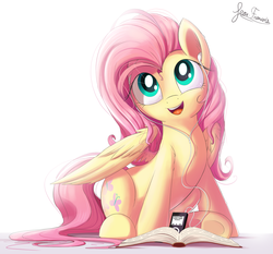 Size: 2400x2240 | Tagged: safe, artist:bugplayer, fluttershy, pegasus, pony, g4, book, bugplayer is trying to murder us, cute, daaaaaaaaaaaw, dethklok, earbuds, female, high res, hnnng, ipod, listening, mare, mp3 player, music, open mouth, shyabetes, signature, simple background, sitting, smiling, solo, sweet dreams fuel, underhoof, weapons-grade cute, white background