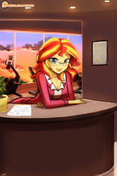Size: 750x1125 | Tagged: safe, artist:lumineko, sunset shimmer, human, equestria girls, g4, bent over, blushing, clothes, colored pupils, cute, desk, female, glasses, leaning, lidded eyes, looking at you, meganekko, office, open mouth, patreon, patreon logo, scenery, secretary, shimmerbetes, signature, smiling, solo, sunrise, window