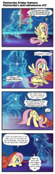 Size: 616x1920 | Tagged: safe, artist:pencils, fluttershy, ghost, mouse, pony, unicorn, comic:fluttershy's anti-adventures, g4, astral projection, blanket, butt, cape, chosen one, clothes, comic, coward, crying, delegating, dialogue, dock, eye contact, female, floating, hiding, looking at each other, mare, open mouth, plot, question mark, raised hoof, rug, scared, speech bubble, spread wings, the chosen one