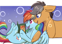 Size: 1024x734 | Tagged: dead source, safe, artist:shiny-cooler, daring do, quibble pants, rainbow dash, earth pony, pegasus, pony, g4, book, chest fluff, colored pupils, cuddling, duo, ear fluff, female, male, mare, on back, reading, ship:quibbledash, shipping, snuggling, spread wings, stallion, starry eyes, straight, underhoof, wingding eyes