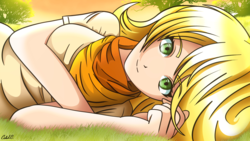 Size: 3840x2160 | Tagged: safe, artist:ciderpunk, derpibooru exclusive, oc, oc only, oc:applesunrise, human, clothes, cute, grass, high res, humanized, humanized oc, looking at you, lying down, on side, scarf, solo, sunset