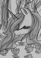 Size: 1000x1414 | Tagged: safe, artist:sonicartist2004, princess celestia, g4, blushing, bust, eyes closed, female, grayscale, monochrome, portrait, sketchy, smiling, solo, water, waterlily