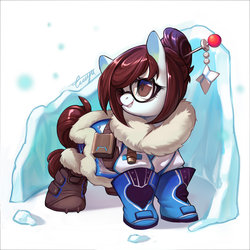 Size: 900x900 | Tagged: safe, artist:ciciya, earth pony, pony, boots, clothes, coat, female, glasses, hair accessory, ice, mare, mei, overwatch, ponified, smiling, solo