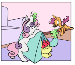 Size: 7812x6756 | Tagged: safe, artist:cutepencilcase, apple bloom, scootaloo, sweetie belle, g4, absurd resolution, cookie, cutie mark crusaders, eyes closed, food, magic, mouth hold, smiling, telekinesis, tent