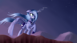 Size: 2560x1440 | Tagged: safe, artist:aurelleah, nightmare moon, princess luna, g4, angry, chest fluff, cliff, crying, ear fluff, ears back, female, frown, magic, mountain, night, s1 luna, sad, solo, spread wings, stars, windswept mane