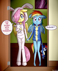 Size: 1400x1700 | Tagged: safe, artist:anibaruthecat, fluttershy, rainbow dash, anthro, unguligrade anthro, g4, anibaru is trying to murder us, blushing, bronybait, bunny pajamas, clothes, costume, crying, cute, dashabetes, dialogue, duo, female, filly, filly fluttershy, filly rainbow dash, floppy ears, footed sleeper, footie pajamas, hair over one eye, head tilt, holding hands, hoof feet, kigurumi, lightning, looking at you, onesie, pajamas, panties, plushie, rain, sad, scared, short pastern, shyabetes, signature, storm, story in the comments, teary eyes, underwear, weapons-grade cute, white underwear, wonderbolts, younger