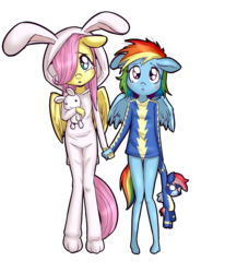 Size: 1400x1700 | Tagged: safe, artist:anibaruthecat, fluttershy, rainbow dash, pegasus, anthro, plantigrade anthro, g4, blushing, bunny pajamas, clothes, crying, cute, dashabetes, duo, female, floppy ears, footed sleeper, head tilt, holding hands, hoof feet, looking at you, panties, plushie, shyabetes, simple background, transparent background, underwear, white underwear, wonderbolts, younger