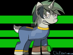 Size: 1024x768 | Tagged: safe, artist:cloufy, oc, oc only, pony, unicorn, clothes, fallout, short tail, solo, uniform